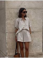 Load image into Gallery viewer, Women Fashion Stripe Print Lace-up Shorts Set Oversized Lapel Short Sleeve Single Breasted Shirts Suit Lady Casual Street Outfit