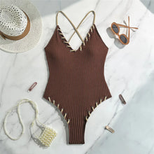 Load image into Gallery viewer, 5 Colors V Neck Ribbed Cross Back One Piece Swimsuit Women Swimwear Female High Leg Cut Monokini  Bather Bathing Suit Swim V6278