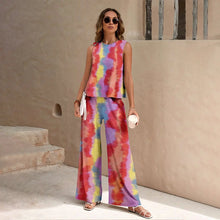 Load image into Gallery viewer, Harajuku Colorful Floral Pattern Print 2 Piece Womens Elegant O Neck Pullover And Straight Leg Pants Set Spring Summer Beach Set