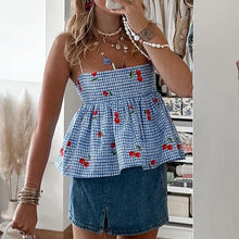 Load image into Gallery viewer, Fairycore Backless Tie Up Crop Tops Cherry Plaid Print Peplum Camisole Summer Holiday Sweet Cute Milkmaid Tank Vest Y2K Clothes