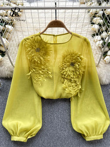 Spring Loose Satin Blouse Women O Neck Long Sleeves Sheer Bohemian Top 2024 Transparent 3D Floral Casual Shirt