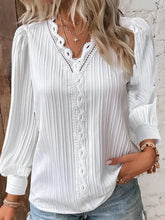 Load image into Gallery viewer, Elegant Summer Hollow Lace Patchwork Women Shirt Chic Blouse V Neck Long Sleeve Shirt Plain Lace Casual Basic Regular Tops