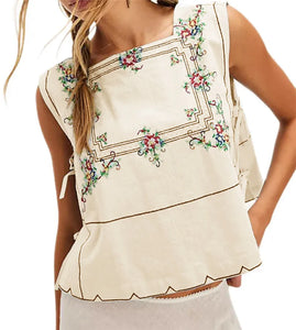 Embroidery Flower Tank Tops for Women Y2K Sleeveless Square Neck Button Front Free Tie Up Cropped Vest Summer Chic Streetwear