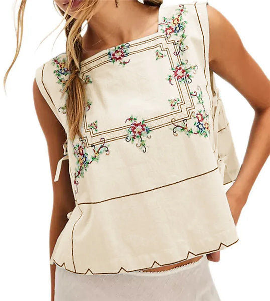 Embroidery Flower Tank Tops for Women Y2K Sleeveless Square Neck Button Front Free Tie Up Cropped Vest Summer Chic Streetwear