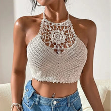 Load image into Gallery viewer, 2025 Crop Tops Retro Wild Hollow Perspective Tassel Sexy Spaghetti Strap Tanke Top Women Built In Bra New Back Lace Halter Neck