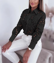 Load image into Gallery viewer, Women's Blouses Hollowed Out Long Sleeved Shirt Casual Solid Button Up With Lapel And Open Front Camisas Femininas