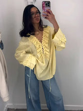 Load image into Gallery viewer, Yellow Casual Ruffles Lace-up Shirts For Women Fashion Loose Long Sleeve V Neck Summer Blouse Lady Lightweight Holiday Tops 2025