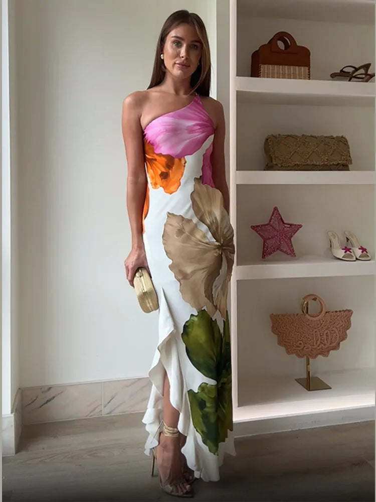 Fashion Printed Curling Edge Dresses Chic Irregular Neck Off Shoulder Open Fork Gown New Women Summer Cocktail Party Vestido