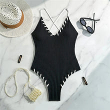Load image into Gallery viewer, 5 Colors V Neck Ribbed Cross Back One Piece Swimsuit Women Swimwear Female High Leg Cut Monokini  Bather Bathing Suit Swim V6278