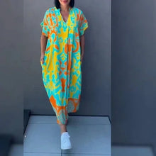 Load image into Gallery viewer, Women's Short-sleeve New V-neck Print Casual Dress Summer Fashion Elegant Office Party Holiday Women Clothes Dresses Robe Femme