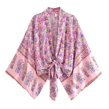 Load image into Gallery viewer, Happie Queens Floral Print Sashes Short  Kimono Women Fashion V Neck Batwing Sleeves Robe Lady Boho Bikini Cover-ups