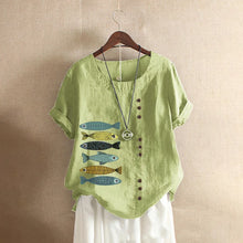 Load image into Gallery viewer, Women Cotton Linen Blouse Shirts Summer O-Neck Short Sleeve Vintage Floral Print Loose Tops WYLP-AL620409060860