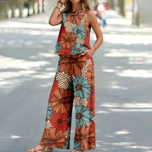Load image into Gallery viewer, Bohemian Leaf Print Holiday Pants Set Round Neck Elegant Temperament Summer Sleeveless Top And Pants Hawaii Vacation Womenswear