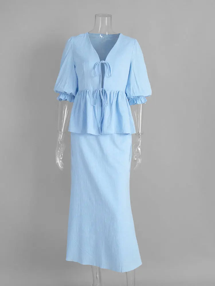 Tossy Summer Ruffled 2 Piece-Set Maxi Skirt For Women V-Neck Lace-Up Short Sleeve Shirts Top And Slim High Waist Long Skirt Sets