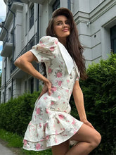 Load image into Gallery viewer, Flower Printed Lapel Mini Dress Women Casual Daily Short Sleeved V Neck A-line Fluffy Short Vestido 2025 New Summer Holiday Robe