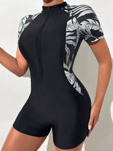 Load image into Gallery viewer, One Piece Floral Swimwear Swim Suit Women Short Sleeve Swimsuit Zip Front Tropical Plant Surfing Sun Protection（No built-in bra）