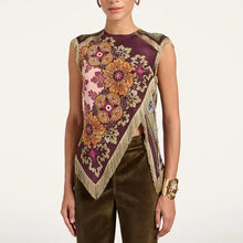 Load image into Gallery viewer, Fashion Floral Print Top With Fringe Trim For Women Vintage O-neck Sleeveless Asymmetric Hem Satin Blouse Lady 2026 Chic Tops
