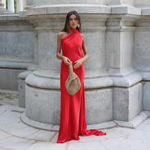 Load image into Gallery viewer, Elegant Satin Ribbons Halter Party Dress Women&#39;s Sexy Backless Off Shoulder Sleeveless Robes 2025 Summer New Lady Evening Gowns