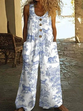 Load image into Gallery viewer, Vintage Print Buttons Sleeveless Jumpsuits Women Summer New Fashion Temperament Loose Wide Legs Jumpsuit Lady Commuting Clothing