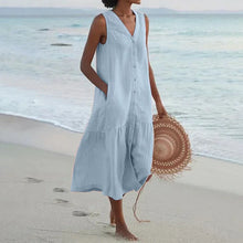 Load image into Gallery viewer, Summer Loose Casual Patchwork Cotton Linen Pocktes Dress V Neck Beach Style Dress Sleeveless Vintage Club Midi Solid Women Dress