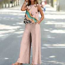 Load image into Gallery viewer, Bohemian Leaf Print Holiday Pants Set Round Neck Elegant Temperament Summer Sleeveless Top And Pants Hawaii Vacation Womenswear