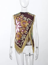 Load image into Gallery viewer, Fashion Floral Print Top With Fringe Trim For Women Vintage O-neck Sleeveless Asymmetric Hem Satin Blouse Lady 2026 Chic Tops