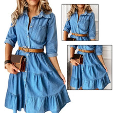 Load image into Gallery viewer, Denim Dress Three Quarter Sleeve with Belt Turn-down Collar Spring Autumn Buttons Ruffle Jeans Dresses for women 2025