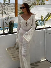 Load image into Gallery viewer, Sexy Women White Long Knit Sleeve Bikin Fashion Cover up Female See-Through Deep V-Neck Hollow-Out Beach Knitwear Backless Dress