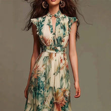 Load image into Gallery viewer, Floral Print Maxi Dress Sleeveless Ruffle Mock Neck Keyhole Front Smocked Waist Flowy Chiffon Bohemian Long Dress for Women