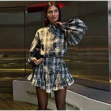 Load image into Gallery viewer, Dark Gray Casual Shirt Mini Skirt Set Women Spring Summer Lapel Plaid Blouse Full Sleeve Skirts Suit 2025 Female Fashion Outfits