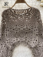 Load image into Gallery viewer, Autumn Casual Loose Knitting Top O Neck Hook Flower Hollow Long Sleeved Tassel Design Fashion French Vintage Blouse