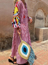 Load image into Gallery viewer, 2024 Autumn Fashion New Women's Loose Long Sleeve Striped Splicing V-neck Lantern Sleeve Printed Loose Long Dress