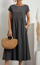 Load image into Gallery viewer, Women Vintage Solid Dress Summer Elegant O Neck Short Sleeve Cotton Linen Dresses Female Casual Loose Sundress Long Dress