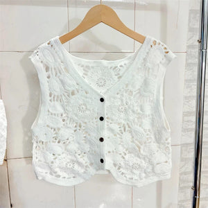 Sheer Crochet Top Embroidery Lace Blouse Cardigan Sleeveless Open-knit Crop Tops for Women Spring Summer Boho Vacation Outfit