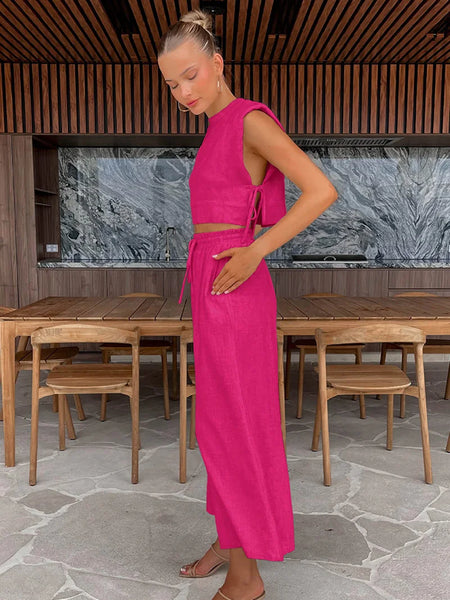 Spring Summer 2023 Women Holiday Linen Pant Set Crop Tops Solid Outfits 2 Two Piece Matching Set For Women