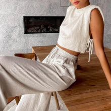 Load image into Gallery viewer, Spring Summer 2023 Women Holiday Linen Pant Set Crop Tops Solid Outfits 2 Two Piece Matching Set For Women