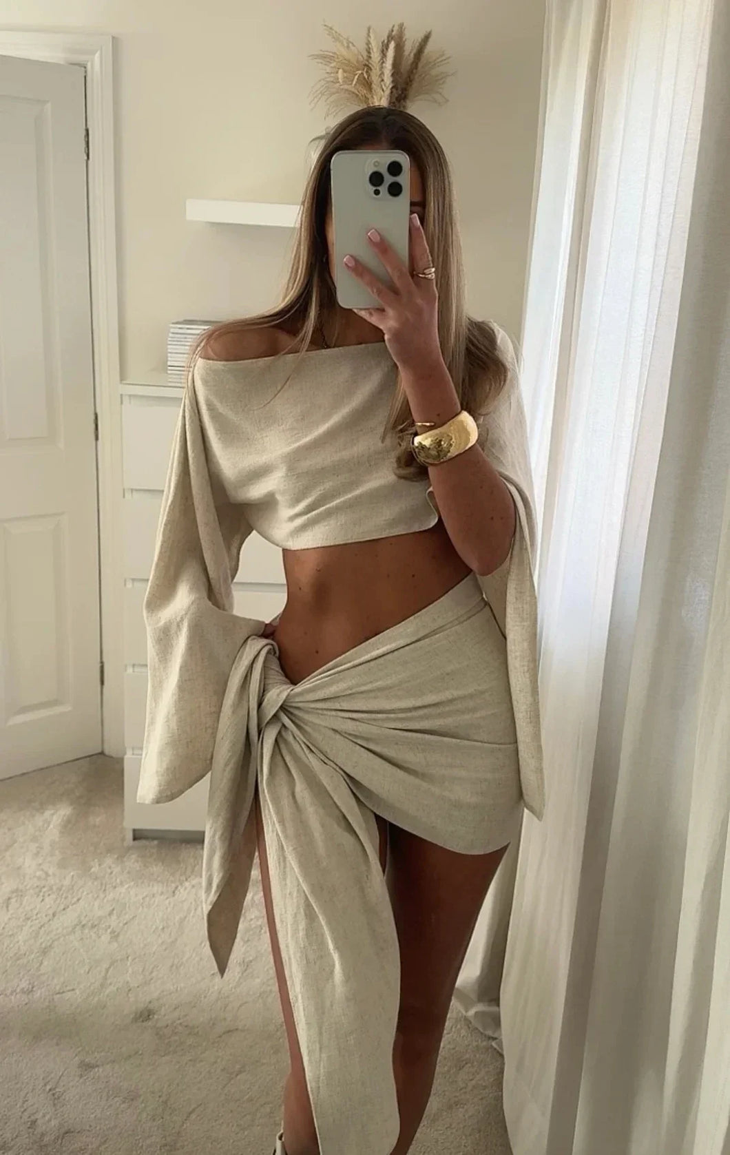 Summer Lady Highstreet Outfits Cotton Linen Long Pagoda Sleeve Crop Top Women 2 Piece Set One Piece Twisted Knot Mini Skirt Suit