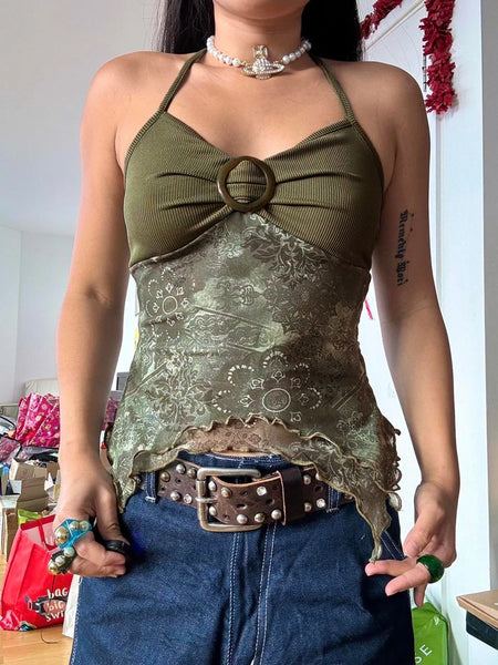 Sweetown Retro Forest Green Vintage Print Boho Y2K Camisole Backless Halter Tie Asymmetrical Tops Women Summer Vacation Clothing