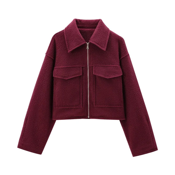 Women Fashion Patch Pockets With Flaps Cropped Jacket Coat Vintage Long Sleeve Front Zipper Female Outerwear Chic Tops