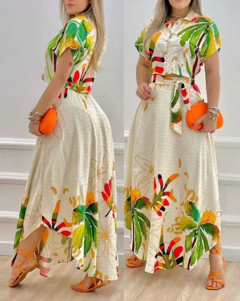 Tropical Print Skirt Suit Woman 2022 Summer New Fashion Bohemian Style Casual Elegant Button Down Crop Top & Skirt Set Clothes