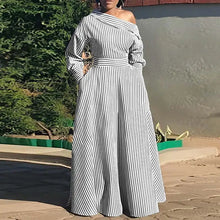 Load image into Gallery viewer, VONDA 2024 Women Elegant Striped Maxi Dress Bohemian Sundress Casual Loose Off Shoulder Long Sleeve Party Vestidos Robe Femme