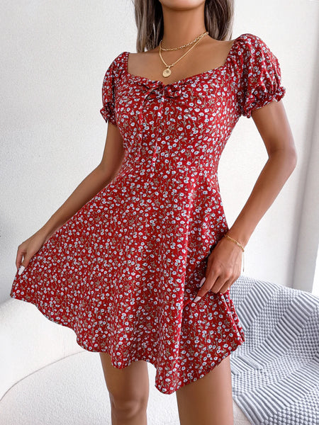 Women Casual Ruffles Short Sleeve Floral Print A Line Dress