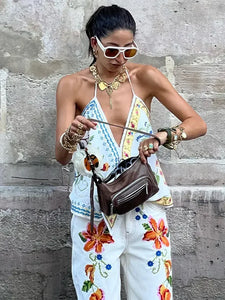 Women Holiday Casual Printed Two Piece Set Fashion Sleeveless Halter Tops And Wide Leg Pants Set Female Loose Street Outfits New