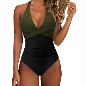 Women One Piece Set Swimsuit Print  Backless Puch Up Solid Sexy Women's Swimwear Bandage Ruched Female Bathing Suit Beachwear