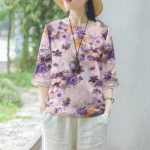 Women Cotton Linen Blouses 2024 Summer Bohemian Floral Printed Blusas Fashion 3/4 Sleeve O-Neck Top Casual Loose Shirts