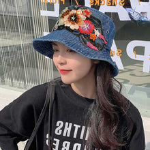 Load image into Gallery viewer, Fashion National Style Embroidered Denim Fisherman Hat Outdoor Sun Protection Travel Street Basin Hat.