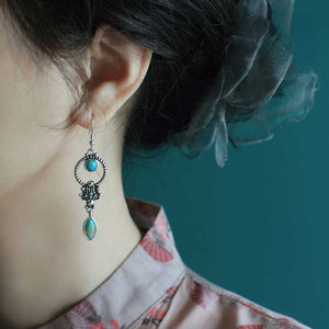 Blue Art Retro Style Turquoise Carved Earrings Elegant Temperament Ethnic Style Earrings