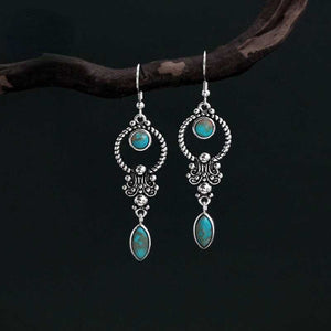 Blue Art Retro Style Turquoise Carved Earrings Elegant Temperament Ethnic Style Earrings