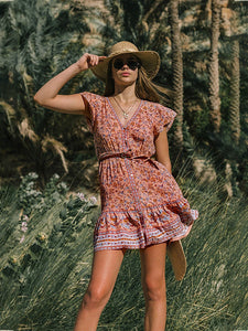 Spring and Summer New Beach Dress Printed Single-row V Collar Short-sleeved Bohemian Dress