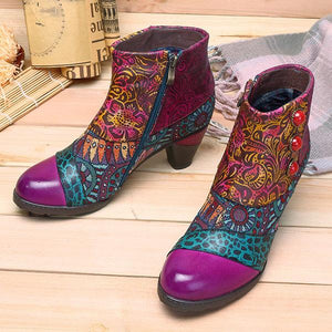 Boho Splicing Pattern Button Zipper Ankle Leather Boots